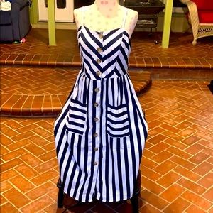 Navy and white striped midi dress